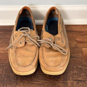 Sperry Tan Suede Boat Shoes with Lace-Up Closure